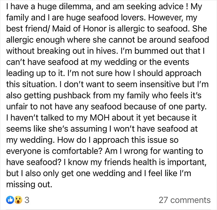 Web users are freaking out after learning that 'Bridezilla' is eager to serve seafood at their wedding despite their best friend's severe allergies