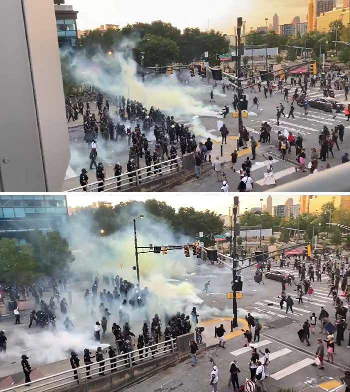 La policía de Atlanta dispara gas lacrimógeno contra los manifestantes y el viento lo devuelve en su dirección
