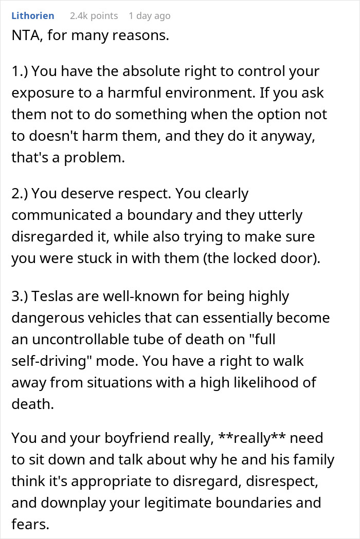 Family Annoyed Son’s Girlfriend Yelled To Be Let Out Of Car After The Dad Ignored Her Request To Switch Off “Full Self-Driving” Family Annoyed Son’s Girlfriend Yelled To Be Let Out Of Car After The Dad Ignored Her Request To Switch Off “Full Self-Driving”