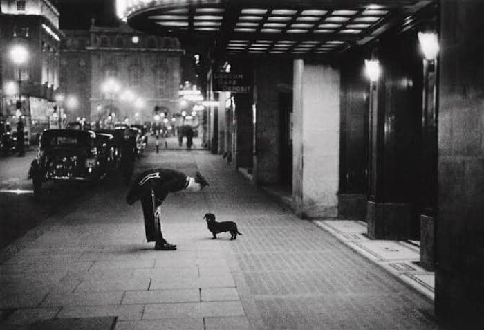 Un comisionado de hotel hablando con un perro salchicha en Piccadilly Circus, Londres. 1938