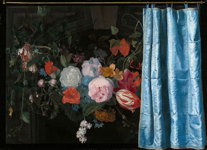 Trompe-L'oeil Still Life With A Flower Garland And A Curtain By Adriaen Van Der Spelt