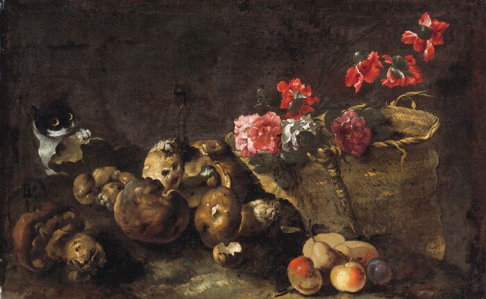 Still Life With Mushrooms, Fruit, A Basket Of Flowers And A Cat By Simone Del Tintore