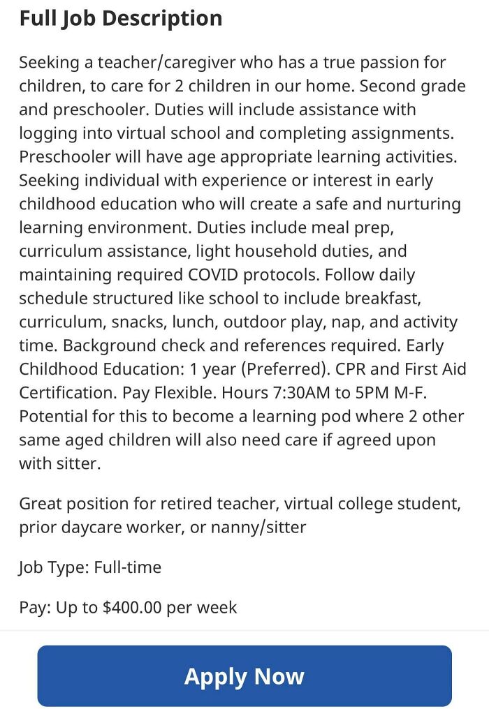 Why Yes, I Would Love To Work Almost 50 Hours As A Teacher, Nanny, Chef, And Maid For Your Generous Offer Of “Up To” $400 Per Week