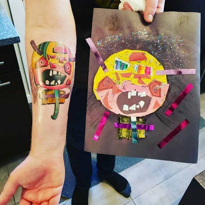 Mi hijo creó una loca criatura con cartulina, ¡así que le pedí a mi tatuador que la interpretara!