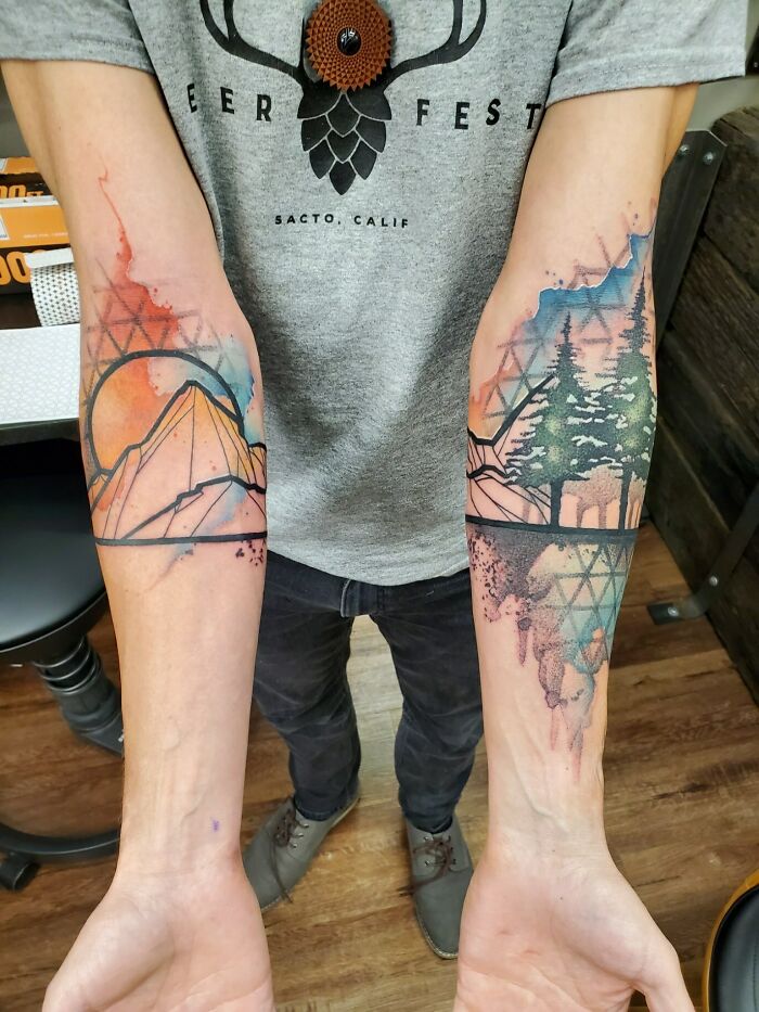 My First Tattoo(S). Geometric/Forest/Nature Theme. By Justine Nordine @ The Raw Canvas In Grand Junction, Co