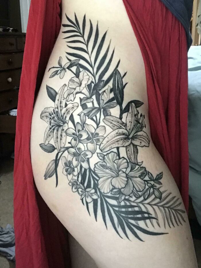My Floral Hip Piece, Done By Jacob At Cherry Street Tattoo In Tulsa, Ok!