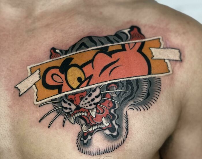 Fresh Pink Panther/ Tiger On The Chest By Manh Huynh At Freedom Inks, Ho Chi Minh City, Vietnam