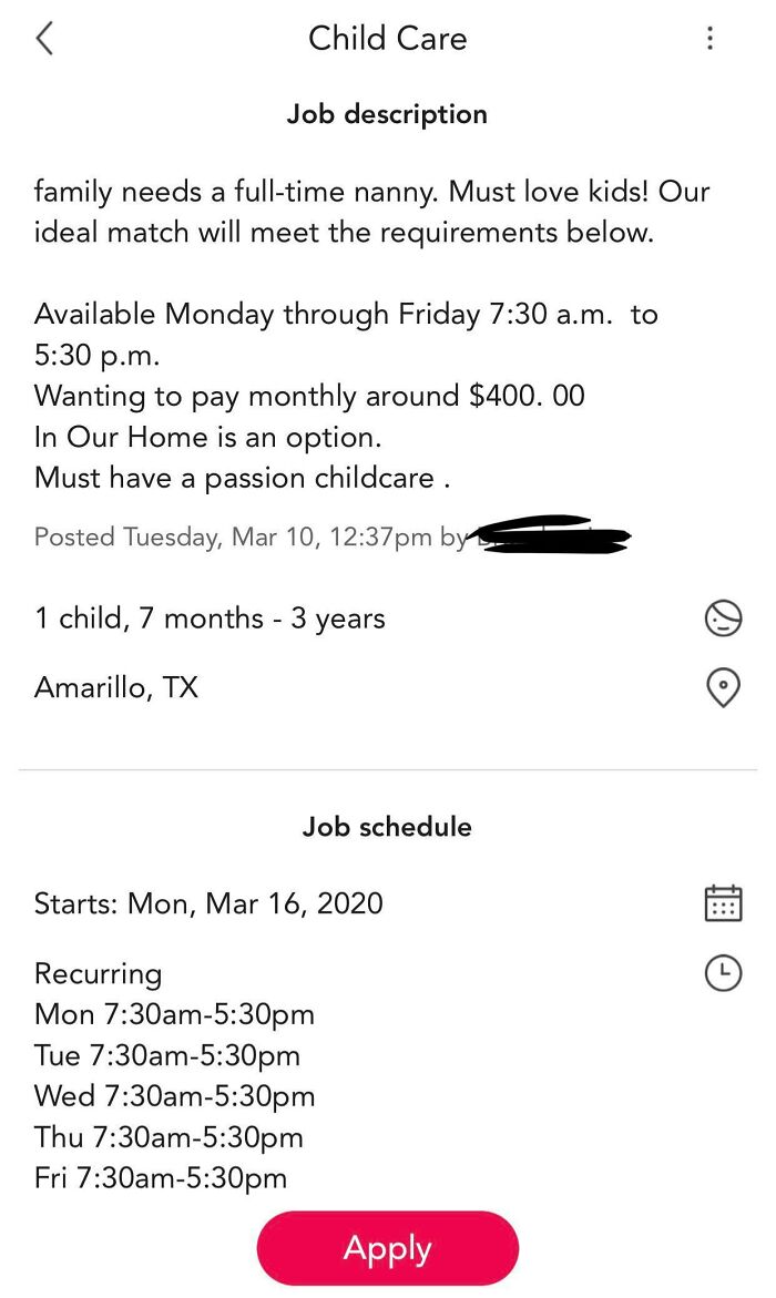 $400 A Month For A Full-Time Nanny Job. It Comes To $2/Hour. Her Post Has 11 Applicants. “Must Have A Passion For Childcare”