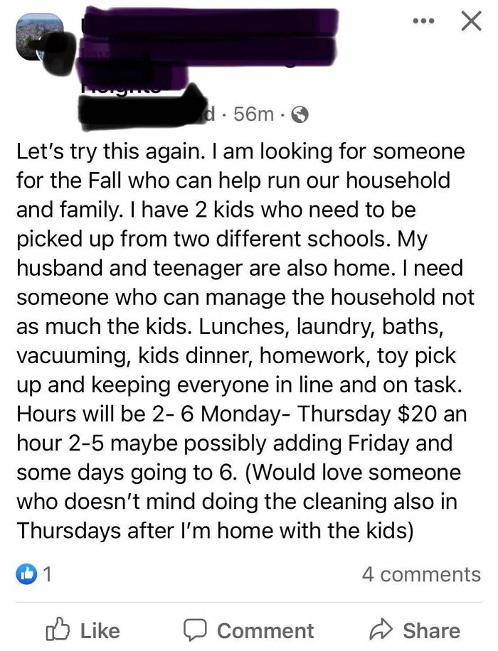 $20/Hour Doesn’t Get You A Nanny, Tutor, Cook, And House Cleaner