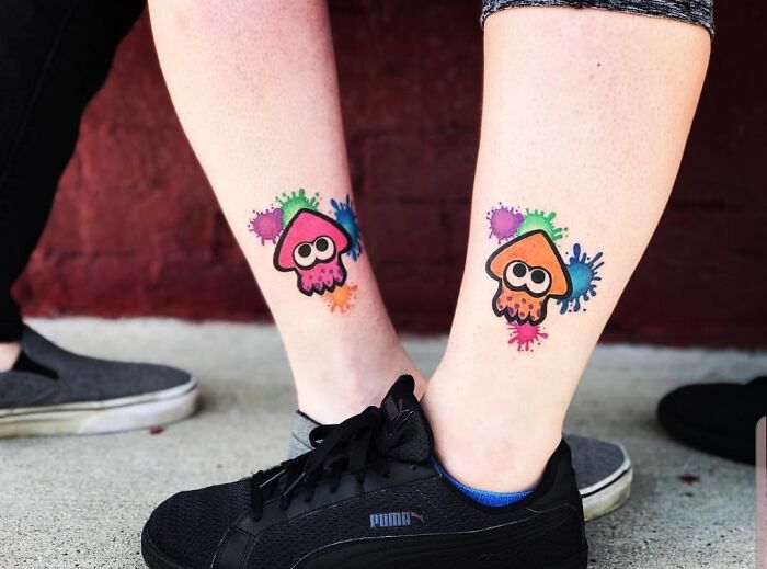'Splatoon' video game characters watercolor ankle tattoos