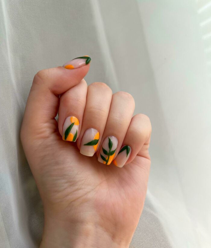 Orange Nails, Hand Painted Gel On Natural Nails