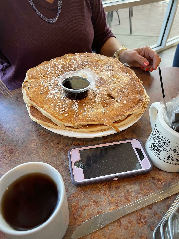 Manhole-Sized Pancakes… 2 Of Them. My Sister Ordered And Received Their “Short Stack”
