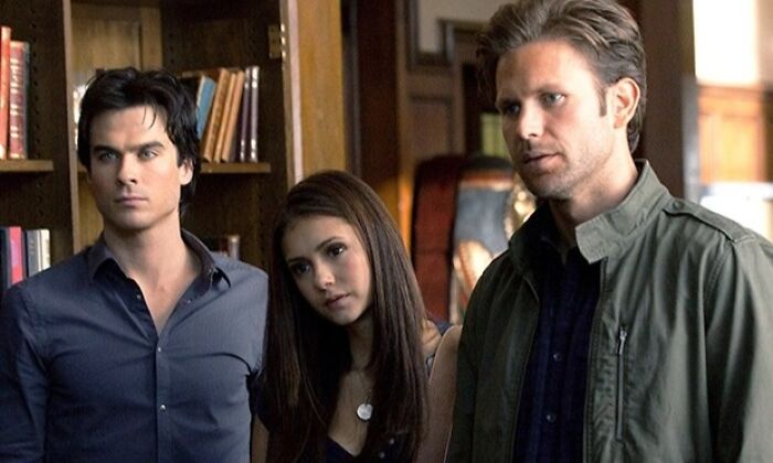 Elena, Damon and Alaric standing in the room 