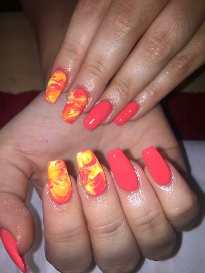 some fun summer nails :) (acrylic w/ hand painted abstract art) : r/Nails