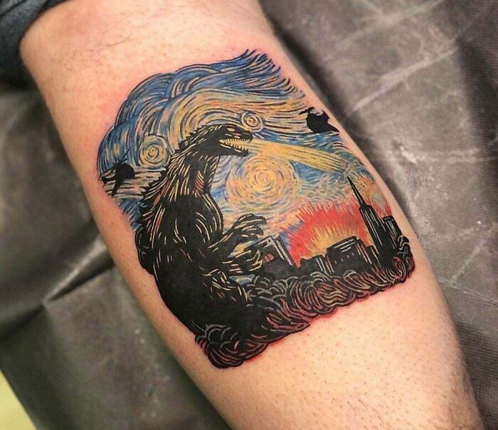 Starry Night Godzilla leg tattoo