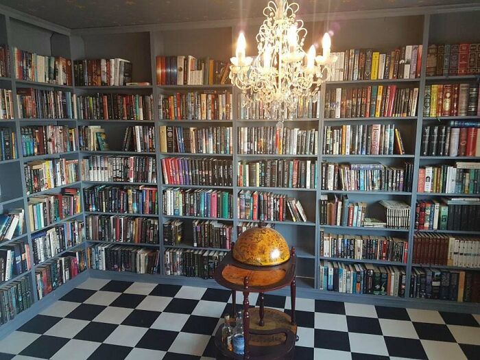 library with grey bookshelf 