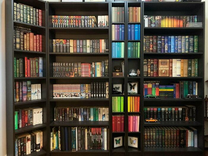 Black bookshelf with colorful books