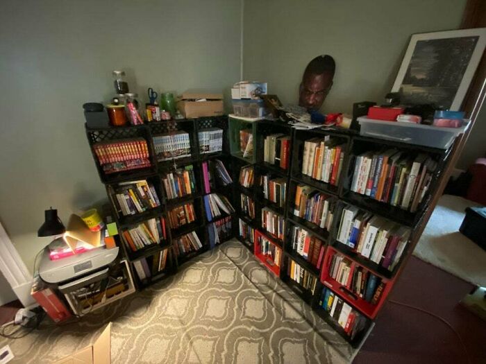 Black bookshelves with books 