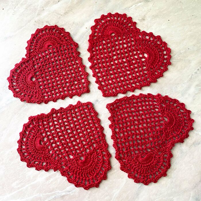 I Crocheted Heart-Shaped Coasters. Special For Valentine's Day