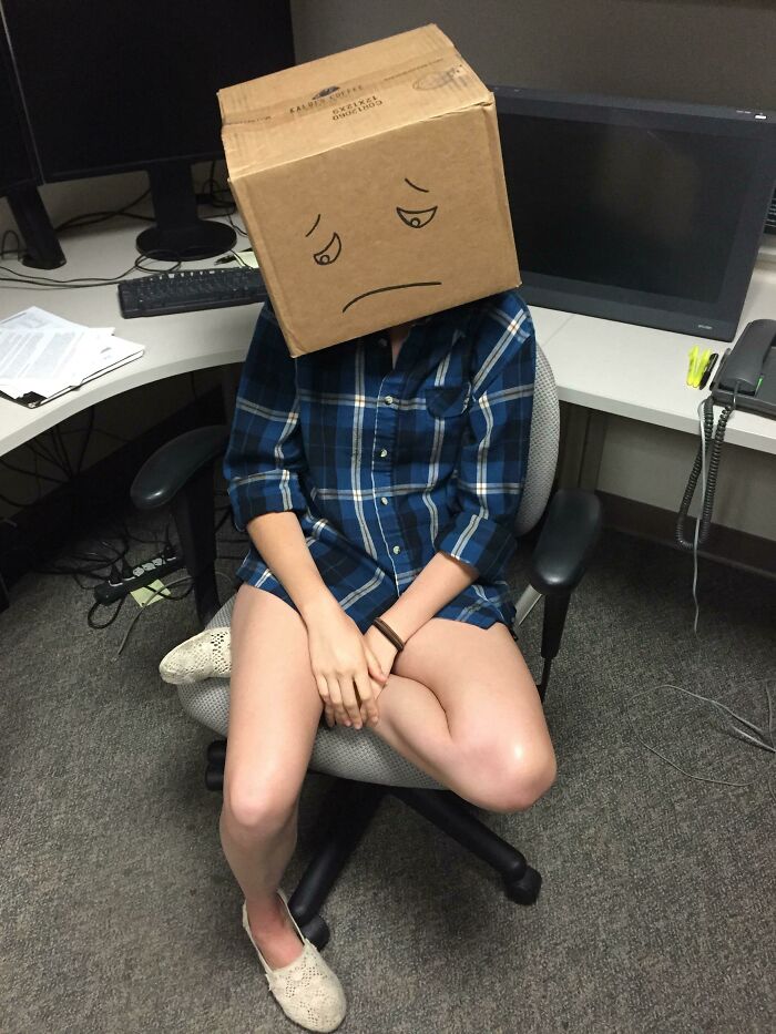 My Friends Coworkers Make People Wear "The Box Of Shame" When They Tell Bad Jokes Or Ask Stupid Questions