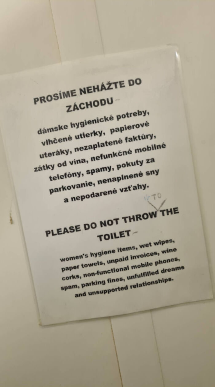 A Sign In A Slovak Bathroom Located In Bratislava Warning You To Not Throw The Toilet