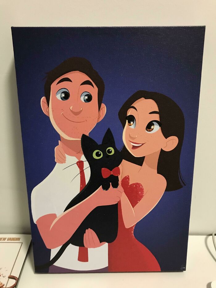 My Girlfriend Commissioned A Friend Of Ours To Illustrate Us (And Our Cat) For Valentine’s Day
