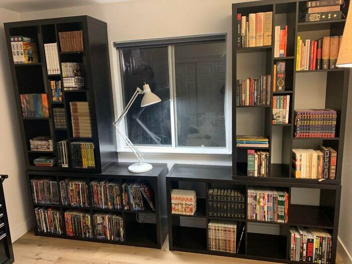 black bookshelves 