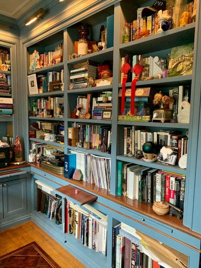 Blue bookshelf with books 