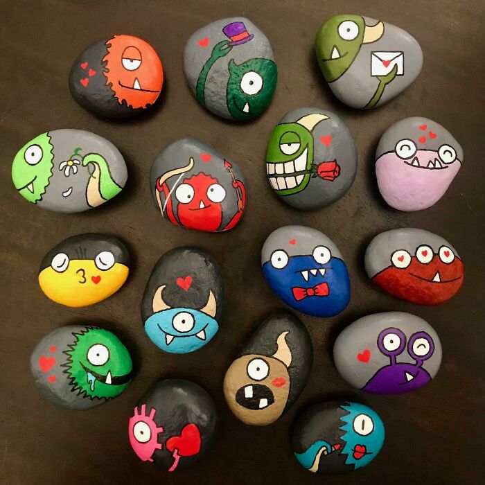 My Wife And I Paint Rocks And Hide Them For People To Find. Here's A Batch Of Valentine-Themed Little Monsters Ready To Steal Your Heart. Enjoy