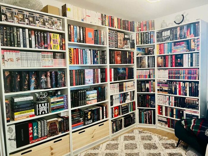 White bookshelf with books and figure collections 