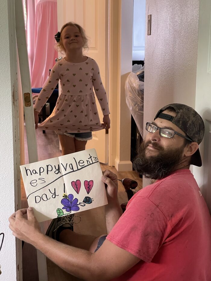 My Daughter Made A Valentine For Our Carpenter. He Seems Pleased