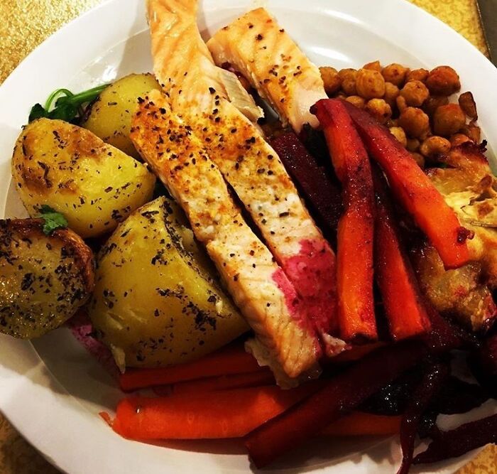 An Example Of A Swedish (Free) School Lunch. Fried Salmon, Fried Potatoes In Herbs, Honey Roasted Vegetables With Chèvre