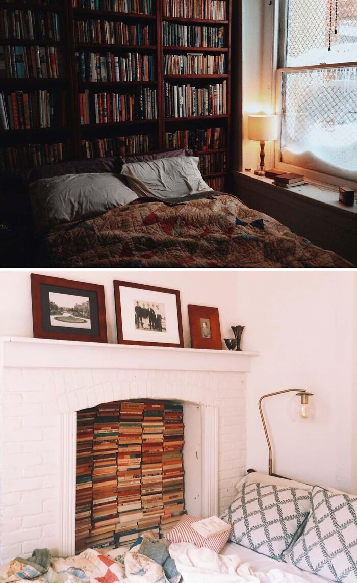 bed next to a bookshelf 