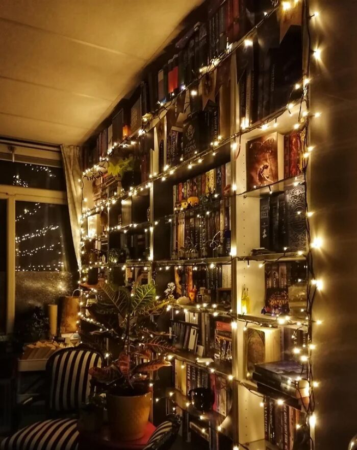 bookshelf with string light 