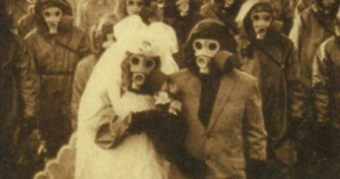 Wedding Photo In Izu Island. Citizens Wear Gas Masks Due To The Large Amounts Of Sulfur In The Air