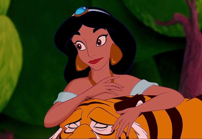 Princess Jasmine petting a tiger 