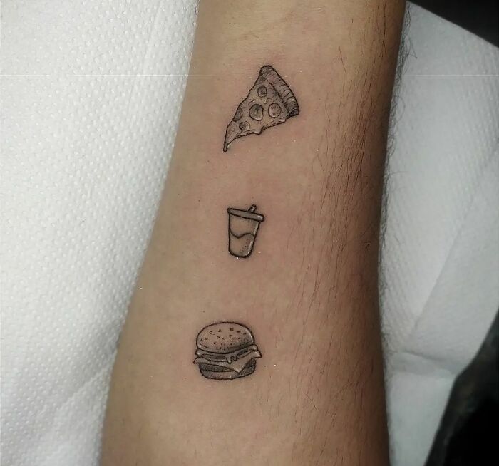 Minimalistic pizza, cola and burger tattoo