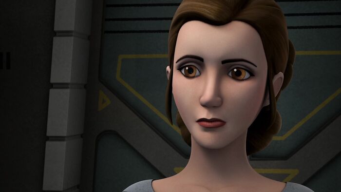 Princess Leia wearing grey dress 