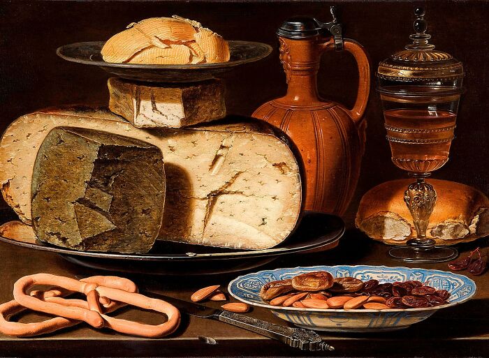 Still Life With Cheeses, Almonds And Pretzels By Clara Peeters