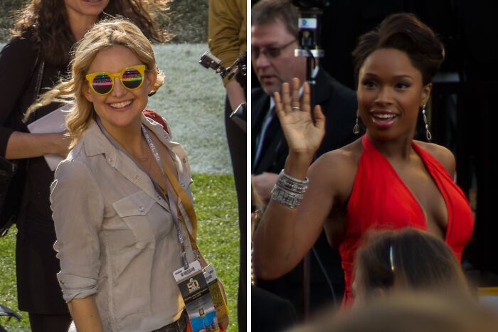 Kate wearing yellow sunglasses (left), Jennifer wearing red dress (right)
