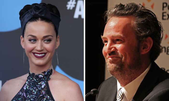 Katy Perry wearing black dress (left), Matthew Perry wearing suit (right)