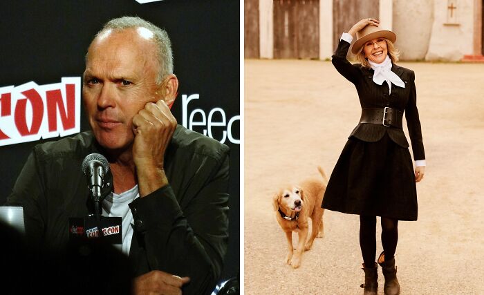 Michael Keaton wearing black jacket (left), Diane Keaton with the dog (right)