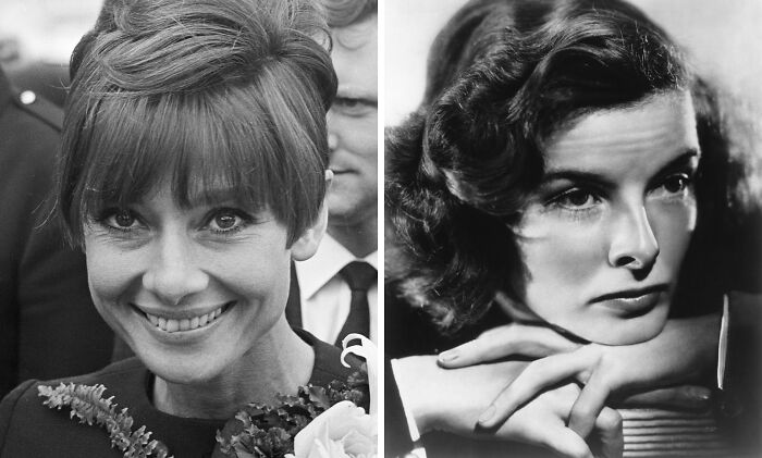 Audrey Hepburn smiling (left), Katharine Hepburn upset (right)