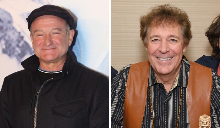 Robin Williams wearing black hat (left), Barry Williams smiling (right)