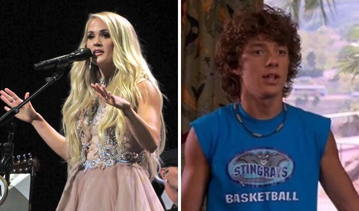 Carrie Underwood on the stage (left), Matthew wearing blue shirt (right)