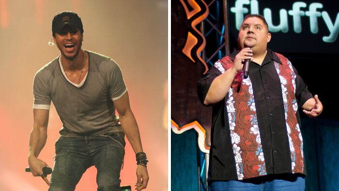 Enrique Iglesias wearing grey t-shirt (left),Gabriel Iglesias on the stage (right)