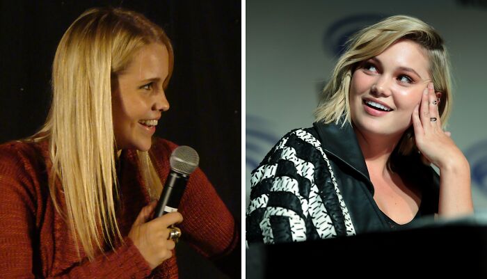 Claire holding a microphone (left), Olivia wearing black and white jacket (right)