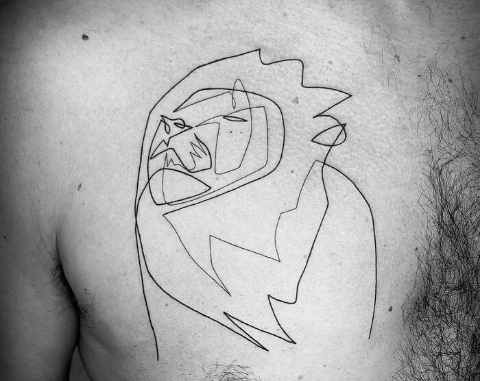 Single line lion tattoo on chest