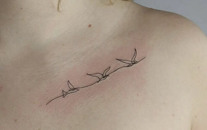 Single line three flying birds chest tattoo