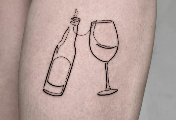 Singel line bottle and glass of wine tattoo